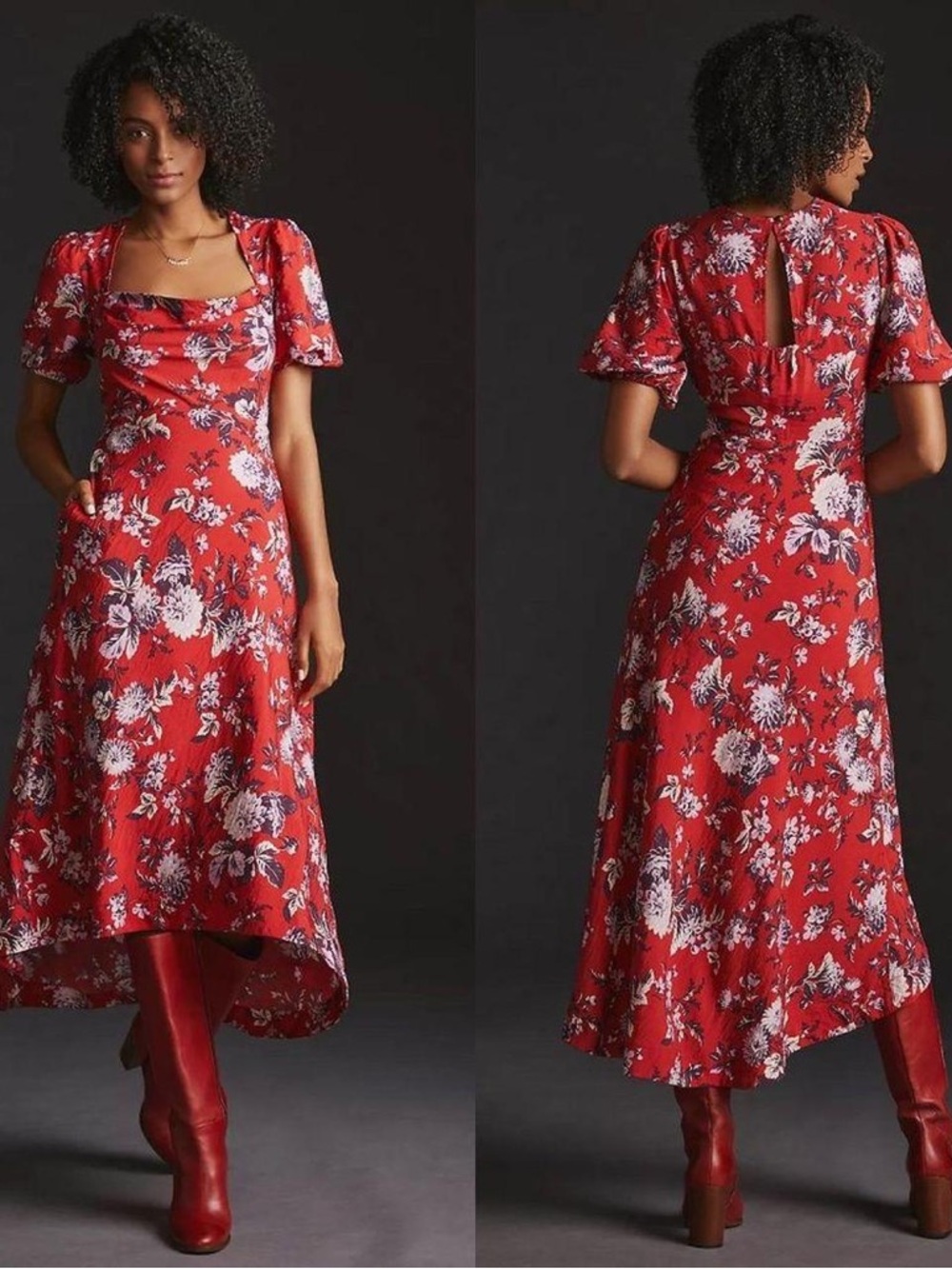 Anthropologie Red Floral High-Low Midi Dress